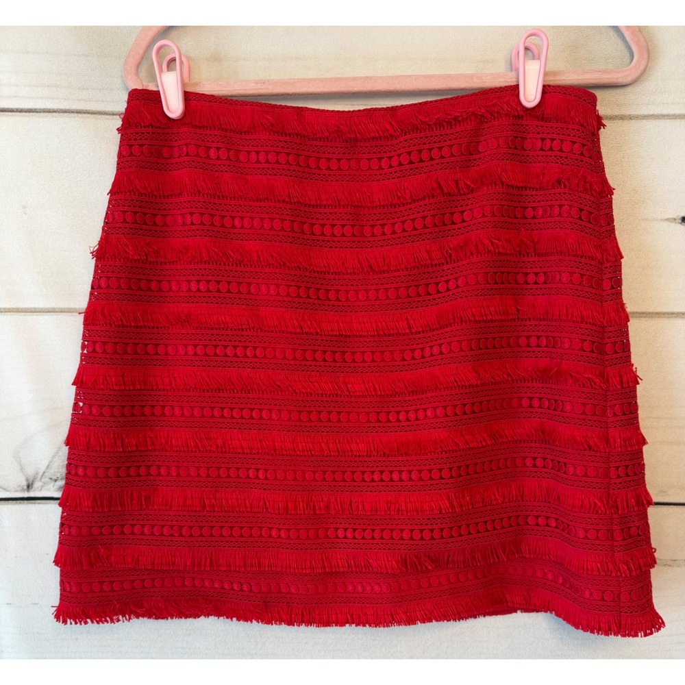 J.Crew Red Eyelet Fringe Mini Skirt Size 6 Boho Tassel Tiered Gold Zip